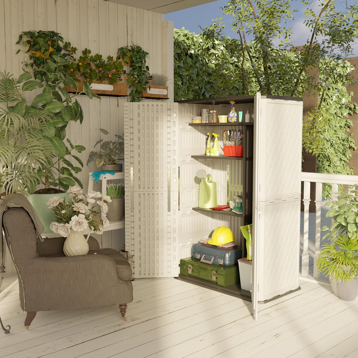 vertical outdoor storage shed beside garden and patio area