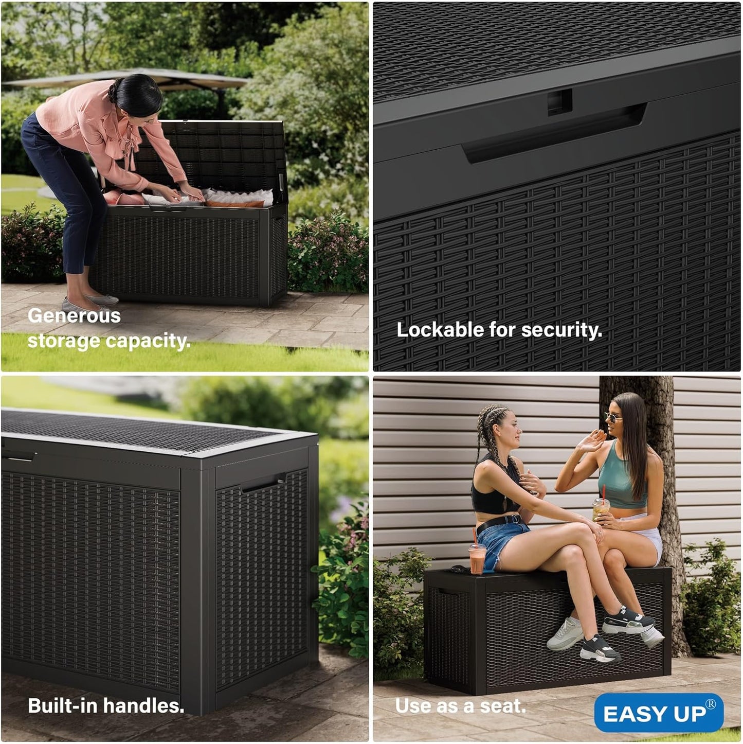 100 Gallon Outdoor Storage Box, Resin Deck Box, Waterproof , Lockable, UV-Resistant, Black