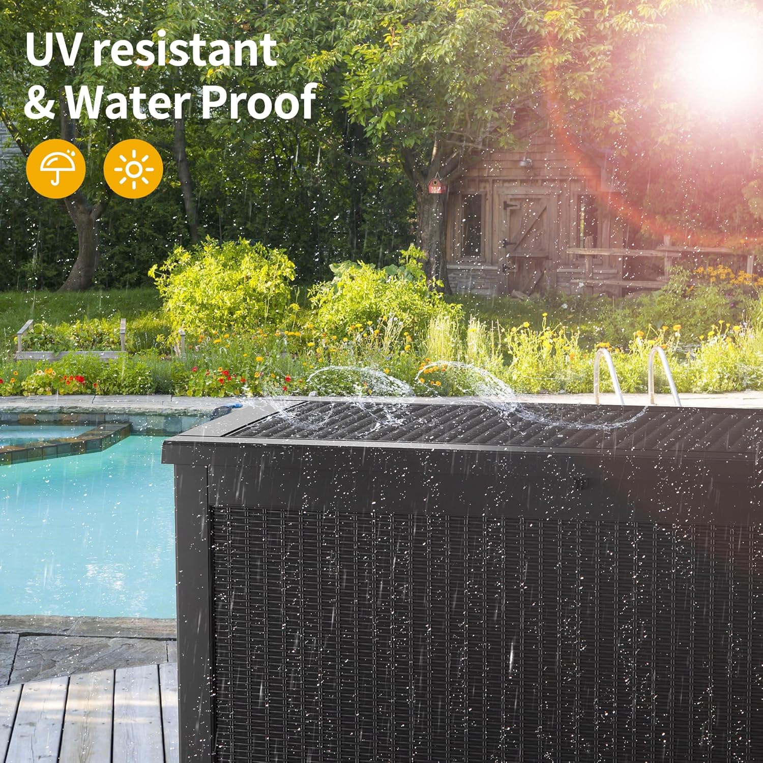 waterproof UV-resistant 260 gallon resin deck box for outdoor use