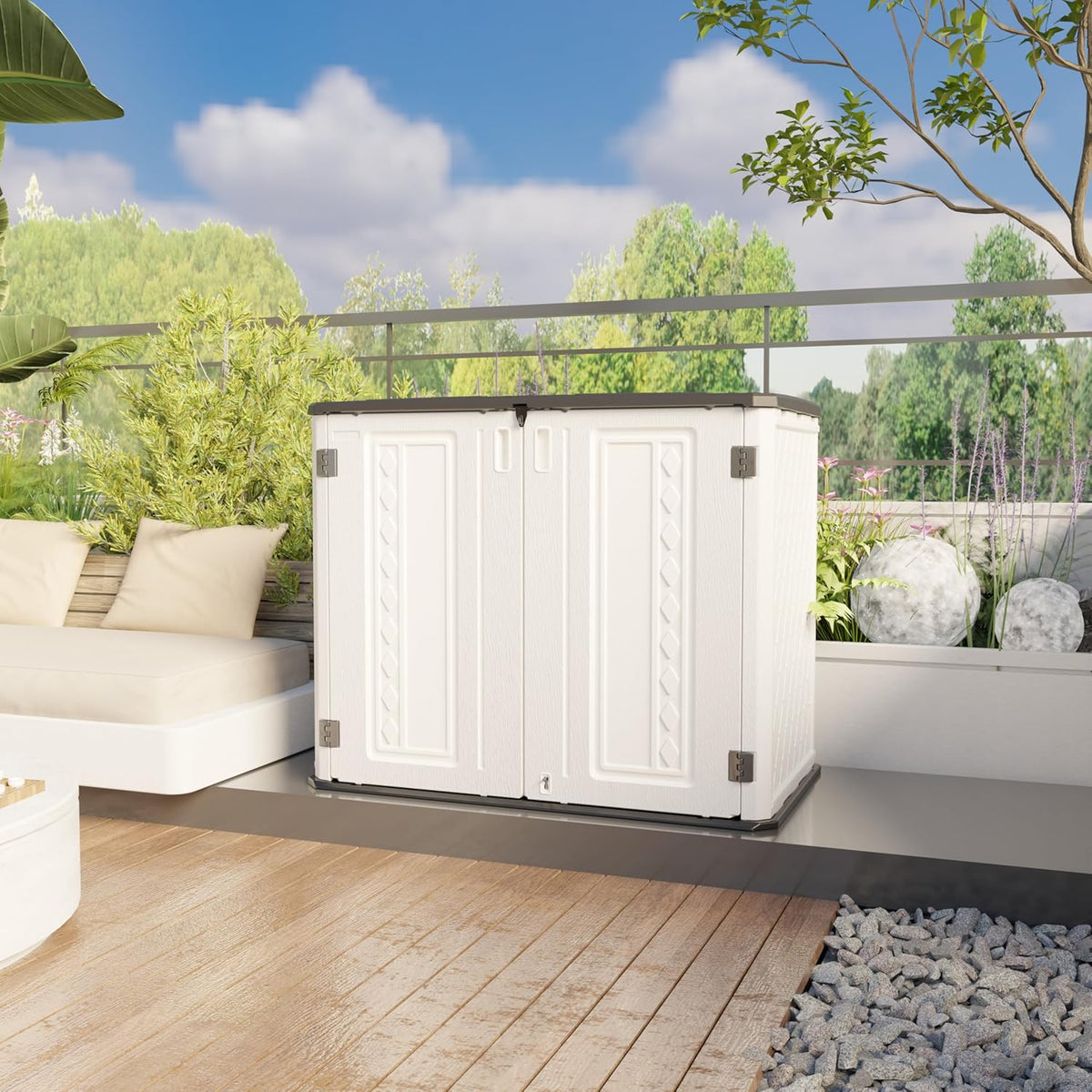 horizontal outdoor storage shed for bulky backyard gear and equipment