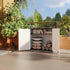horizontal outdoor storage shed beside patio and garden area