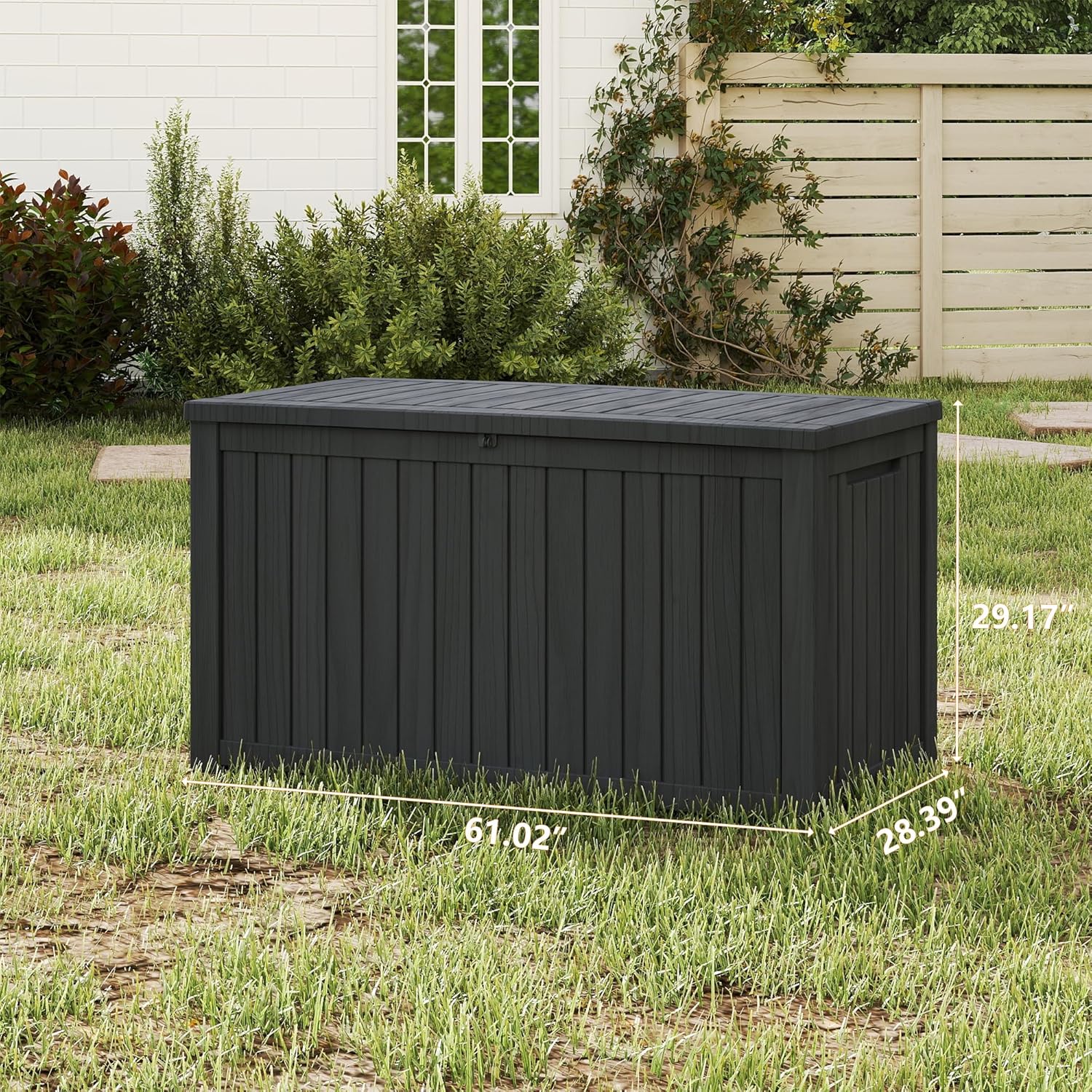 black 200 gallon resin storage box for garden and patio
