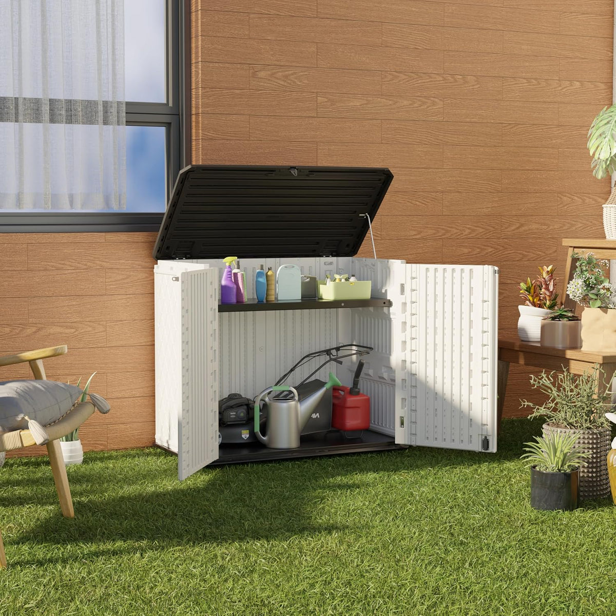 horizontal outdoor storage shed for bulky backyard gear and equipment