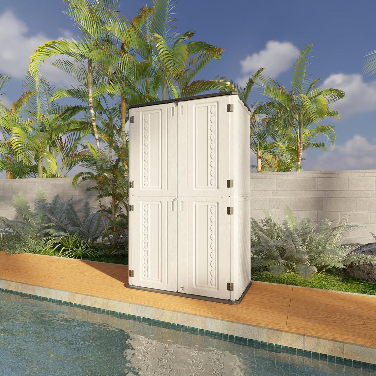 vertical resin storage shed with secure front door closure