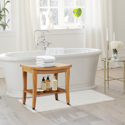 Waterproof Teak Shower Bench with Shelf & Non-Slip Feet, Heavy Duty Shower Chair for Inside Shower, Shower Stools for Seniors