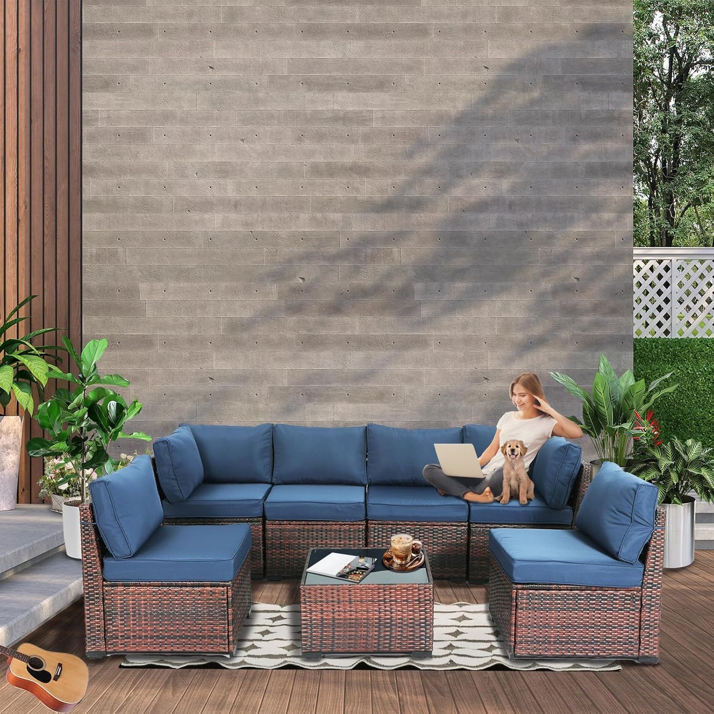Yardgrace 7 Piece Rattan Outdoor Patio Furniture Set, Weather-Resistant Outdoor Conversation Set, Outside Furniture Patio Sectional Sofa Set with Thick Cushions and Coffee Table