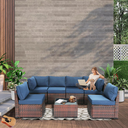 Yardgrace 7 Piece Rattan Outdoor Patio Furniture Set, Weather-Resistant Outdoor Conversation Set, Outside Furniture Patio Sectional Sofa Set with Thick Cushions and Coffee Table