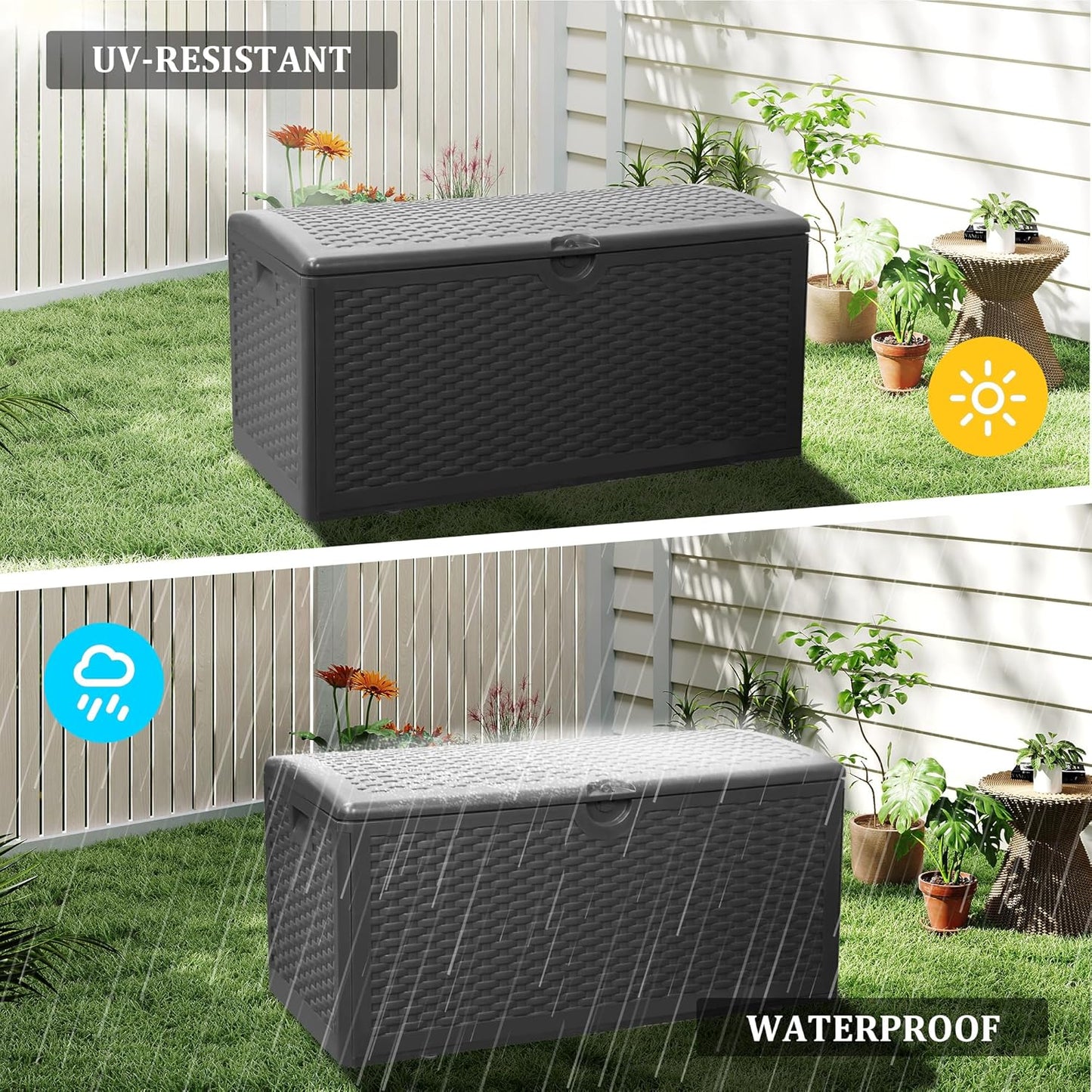 80 Gallon Plus Lockable Resin Deck Box, Waterproof Outdoor Storage Box for Patio Furniture, Garden Tools, Pool Accessories, UV-Resistant Outside Delivery, Black