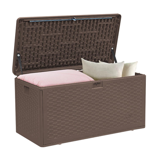 73 Gallon Pro Lockable Resin Deck Box, Waterproof Outdoor Storage Box for Patio Furniture, Garden Tools, Pool Accessories, UV-Resistant Outside Delivery, Brown