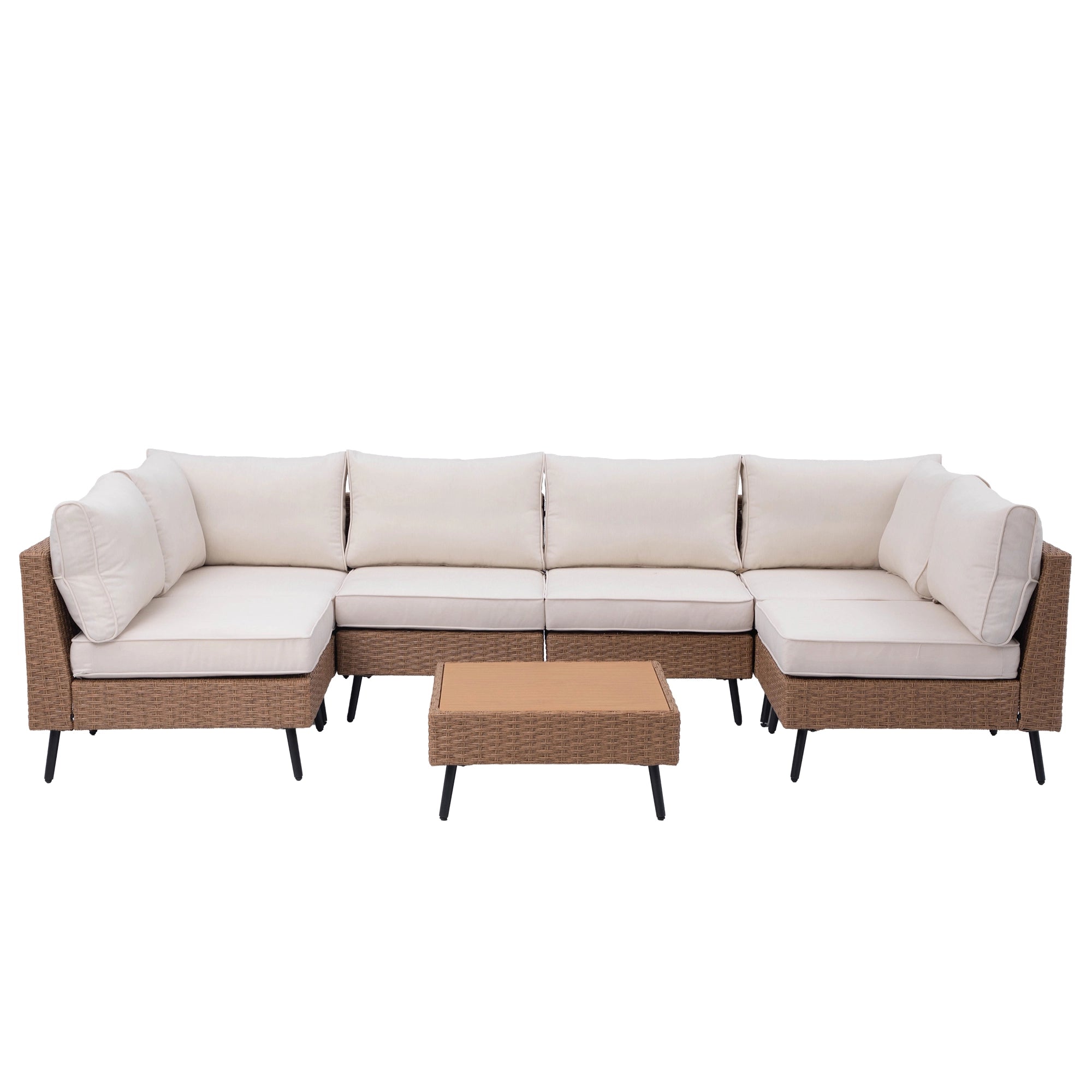 7 piece outdoor sectional sofa set in brown wicker with beige cushions and square coffee table