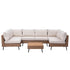 7 piece outdoor sectional sofa set in brown wicker with beige cushions and square coffee table