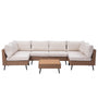 7 piece outdoor sectional sofa set in brown wicker with beige cushions and square coffee table