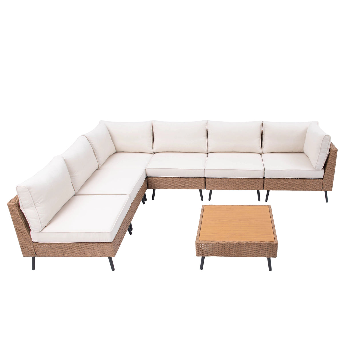 Brown wicker outdoor sectional sofa in an L-shaped layout with a matching coffee table