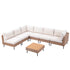 Modular outdoor patio sofa with beige cushions and natural brown wicker frames