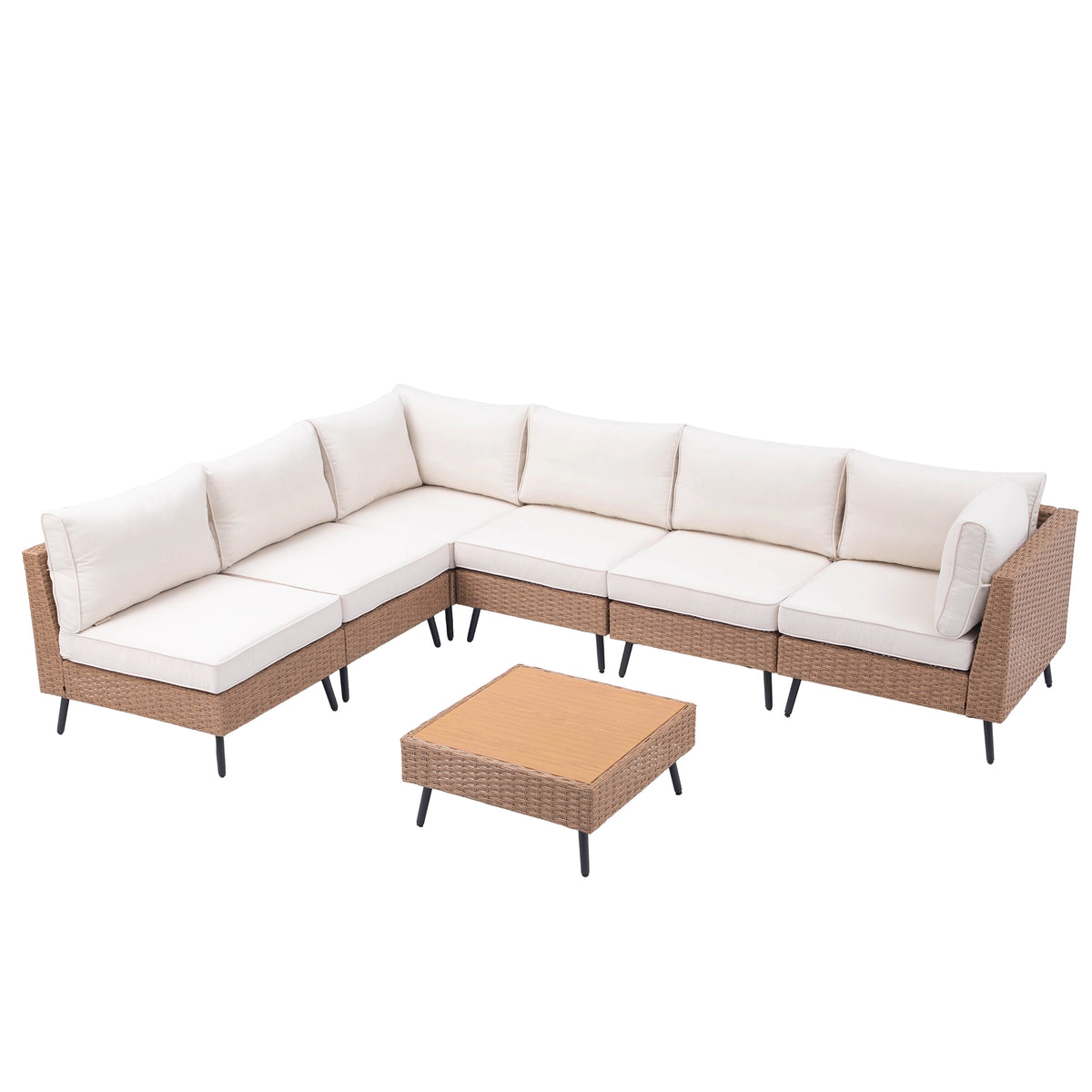 Modular outdoor patio sofa with beige cushions and natural brown wicker frames
