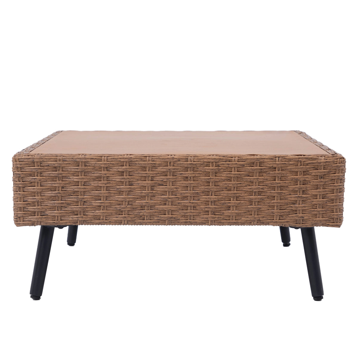 Side view of square wicker patio coffee table with black tapered metal legs