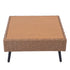 Front view of square outdoor coffee table with wood-look top and brown wicker sides