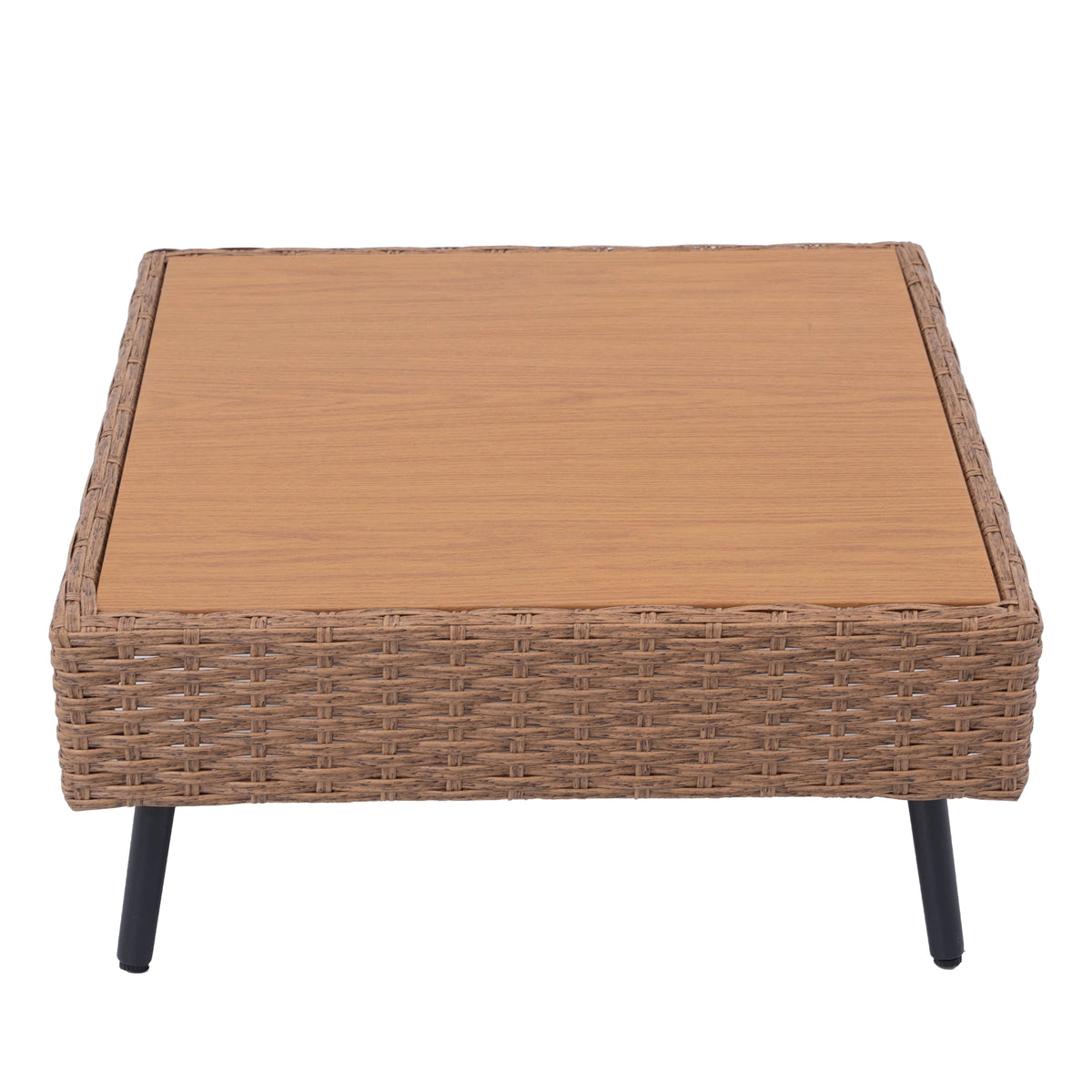 Front view of square outdoor coffee table with wood-look top and brown wicker sides
