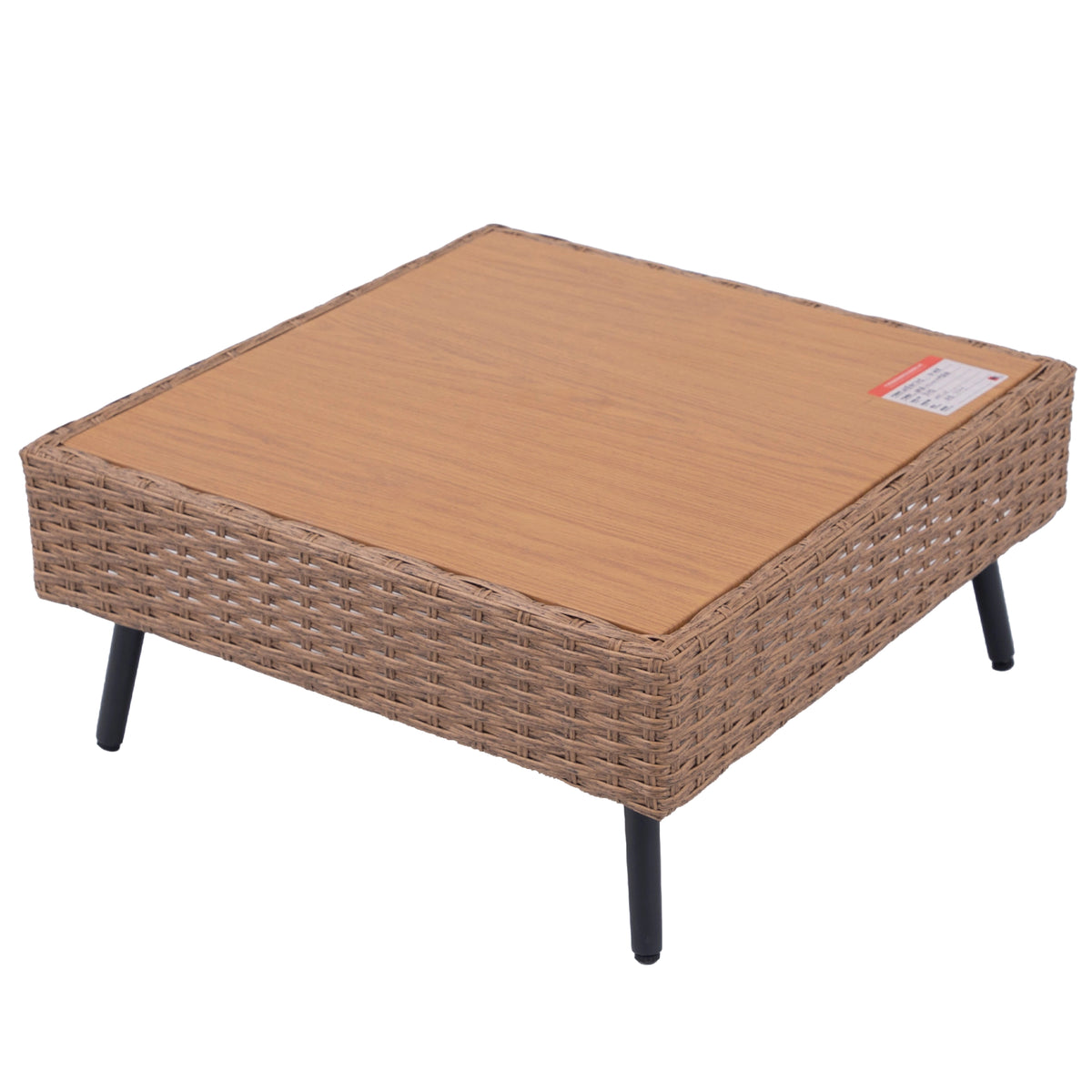 Angled view of outdoor wicker coffee table with wood-look tabletop and black legs