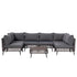 7 piece grey rattan patio furniture set with U-shaped sectional sofa and low coffee table