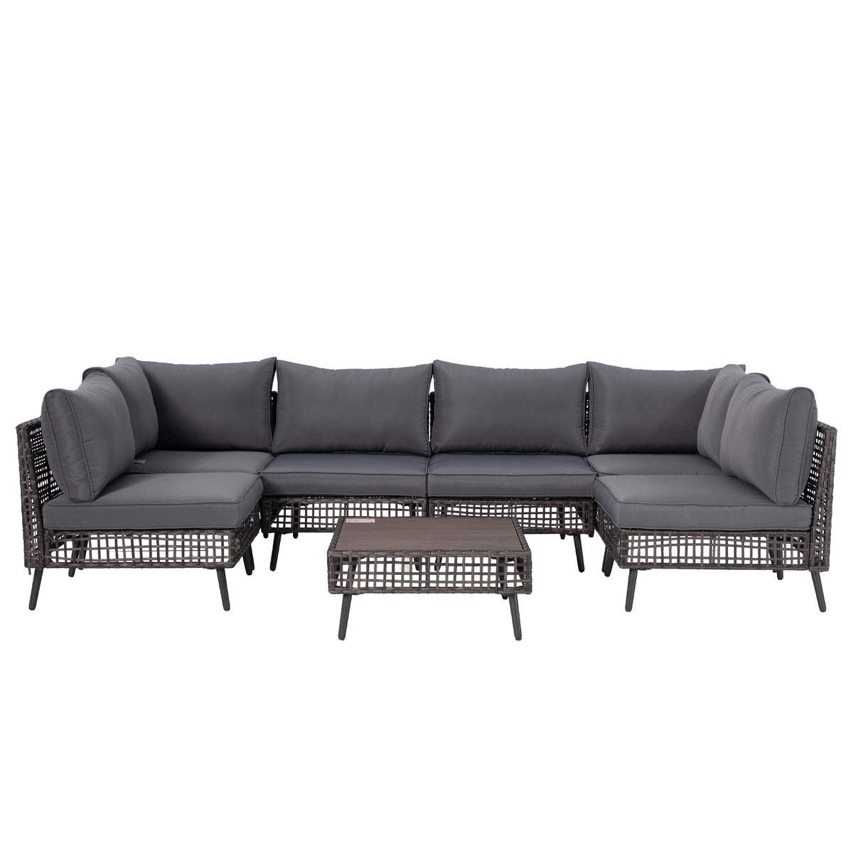 7 piece grey rattan patio furniture set with U-shaped sectional sofa and low coffee table