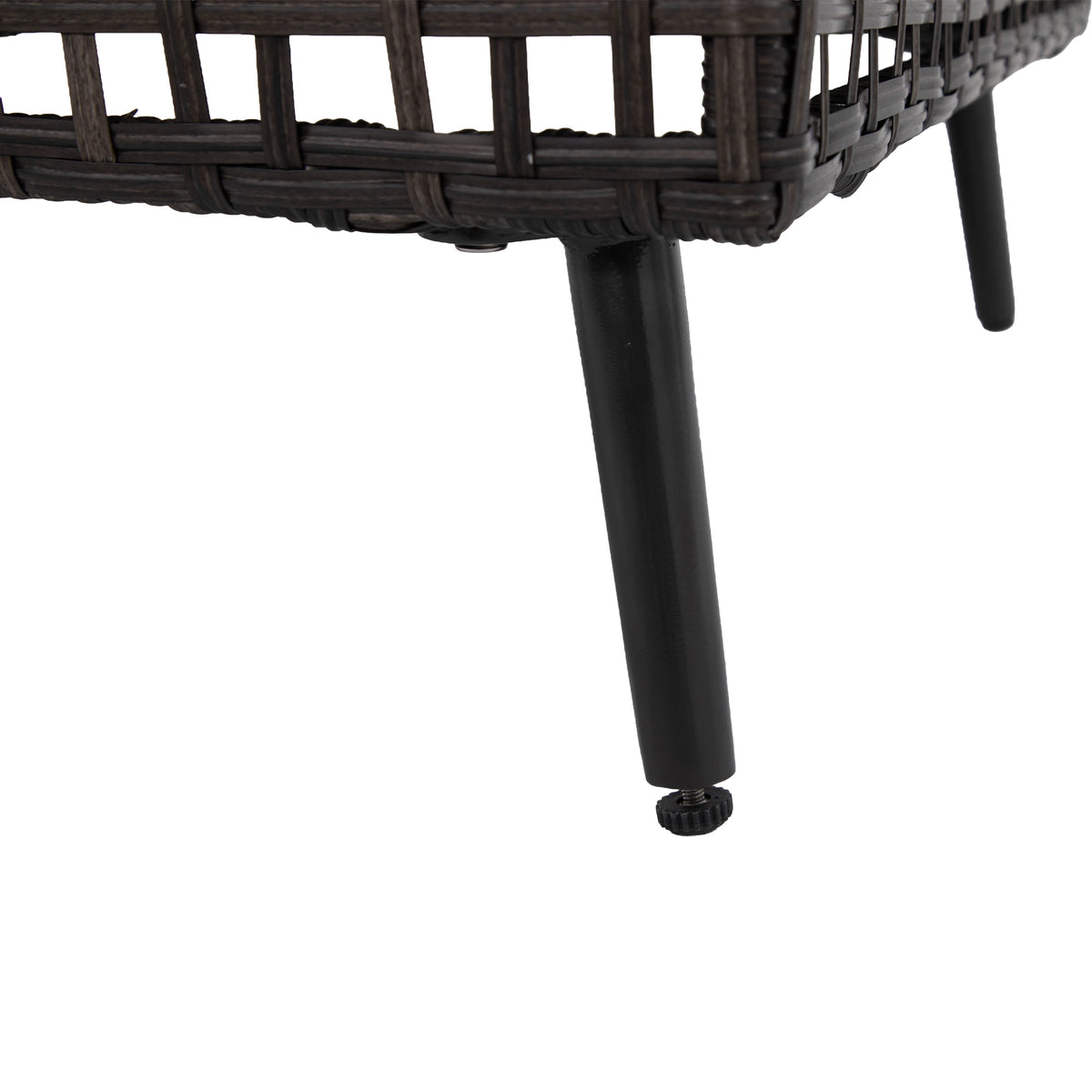 Front view of low square outdoor coffee table with open-grid rattan sides