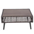 Angled view of grey wicker coffee table with wood-look square tabletop