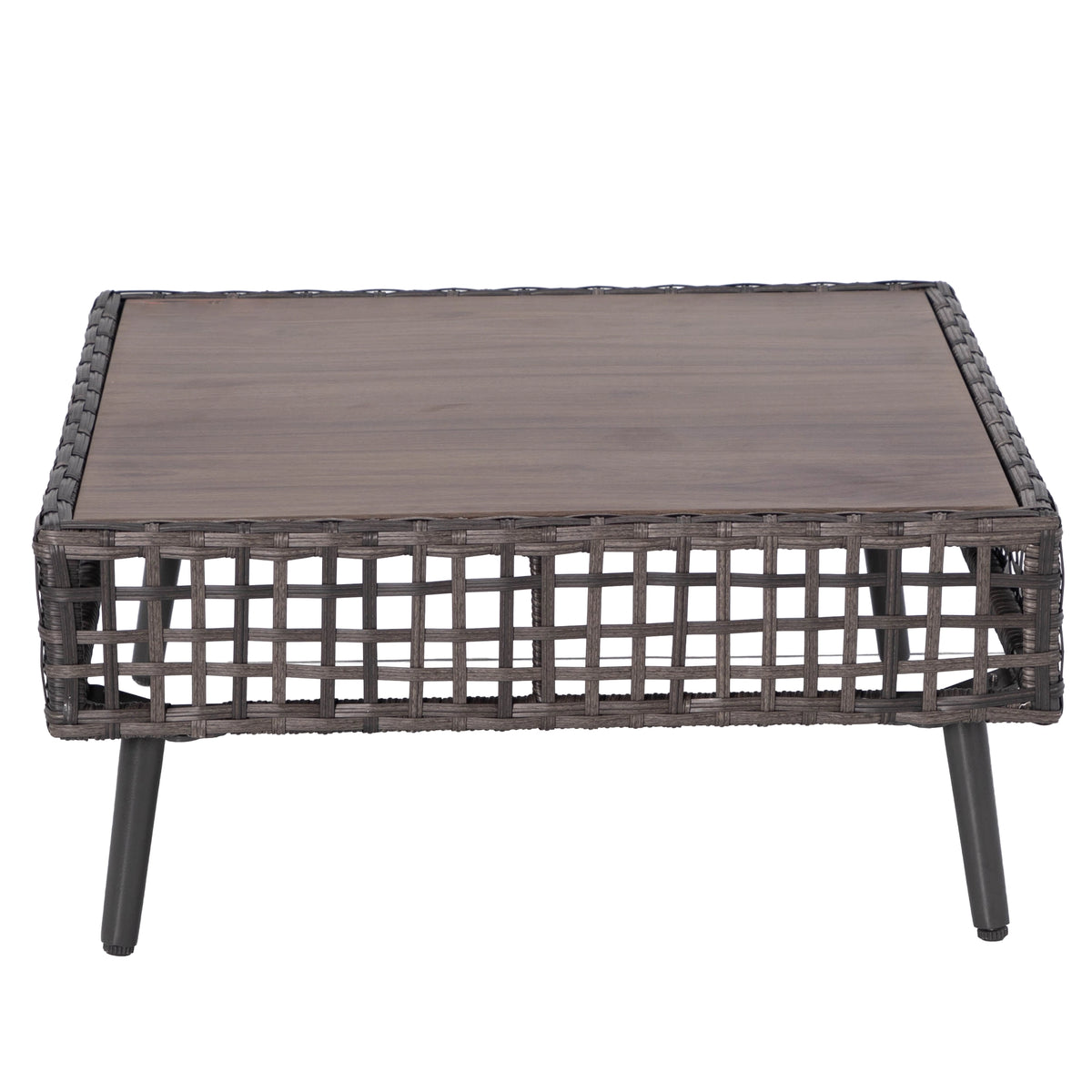 Angled view of grey wicker coffee table with wood-look square tabletop