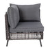 Corner patio sofa chair with grey cushions and woven backrest
