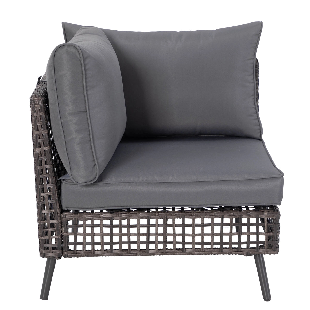 Corner patio sofa chair with grey cushions and woven backrest