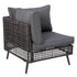 Angled view of grey rattan corner sectional sofa chair with side cushion