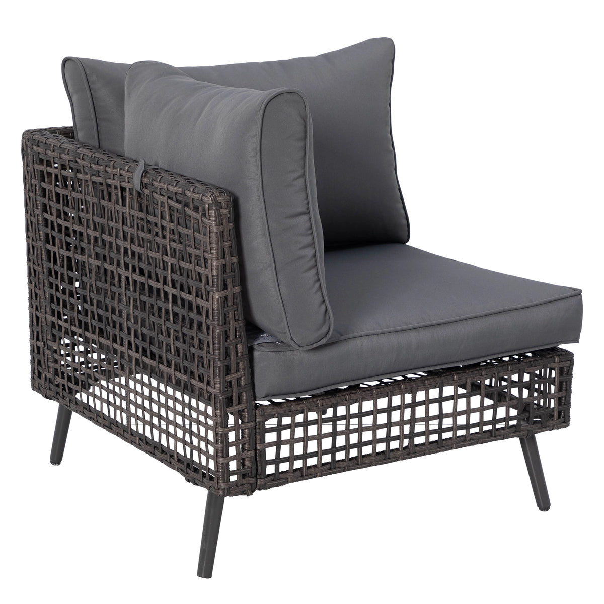Angled view of grey rattan corner sectional sofa chair with side cushion