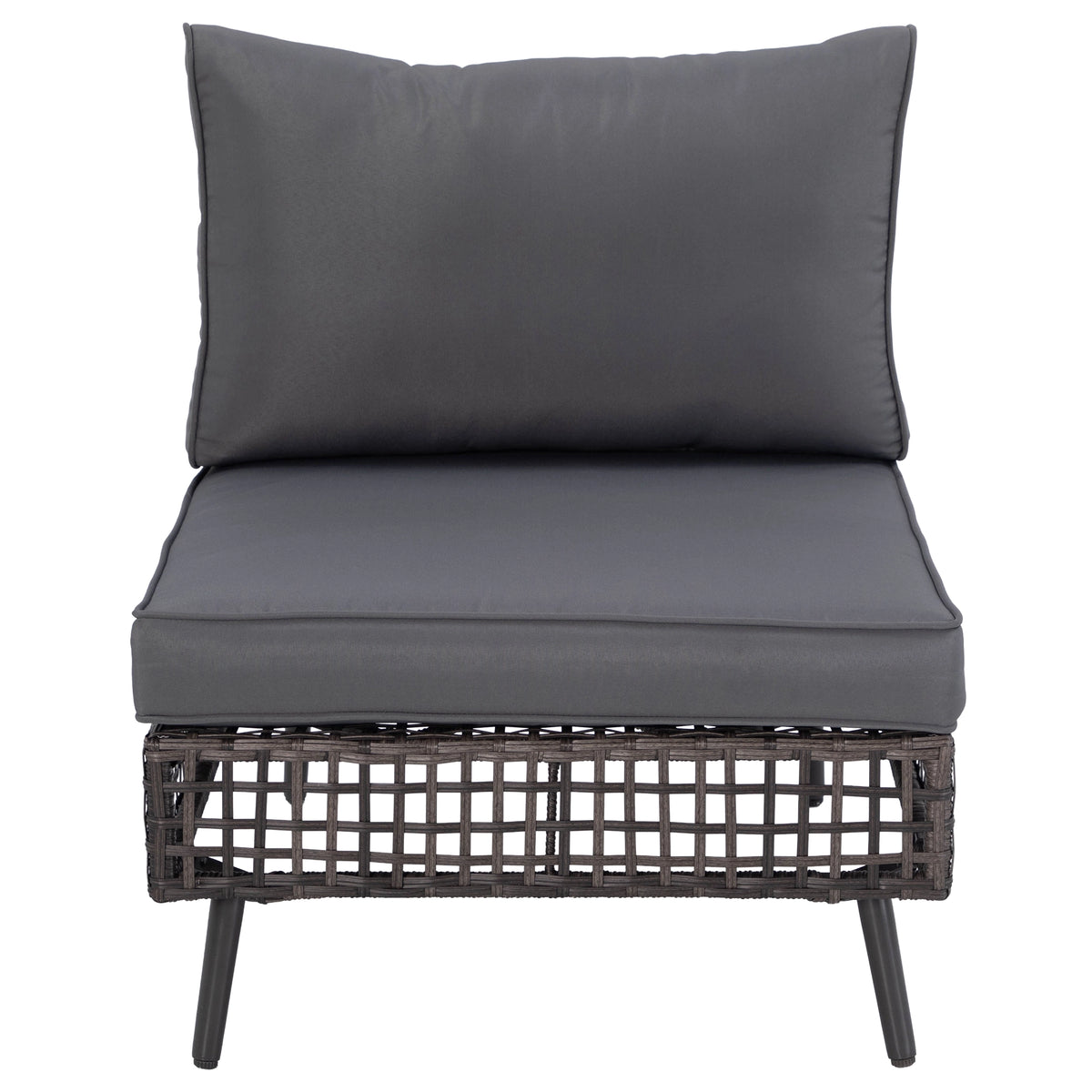 Front view of grey cushioned armless sofa module with open-grid PE wicker base