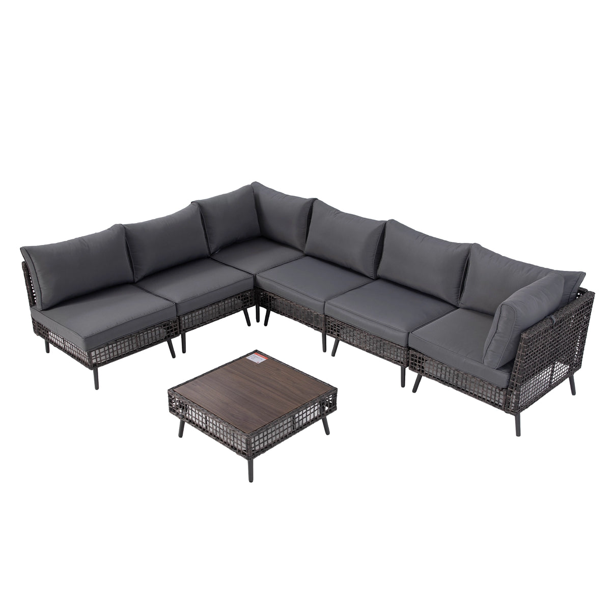 L-shaped grey outdoor sectional sofa set with square wood-look coffee table