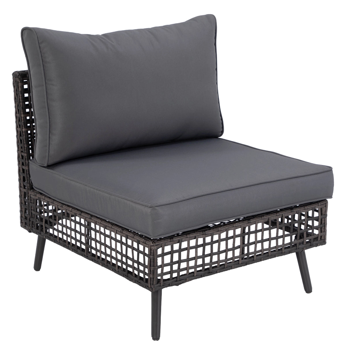 Angled view of armless patio sofa chair with thick grey cushions and open wicker frame
