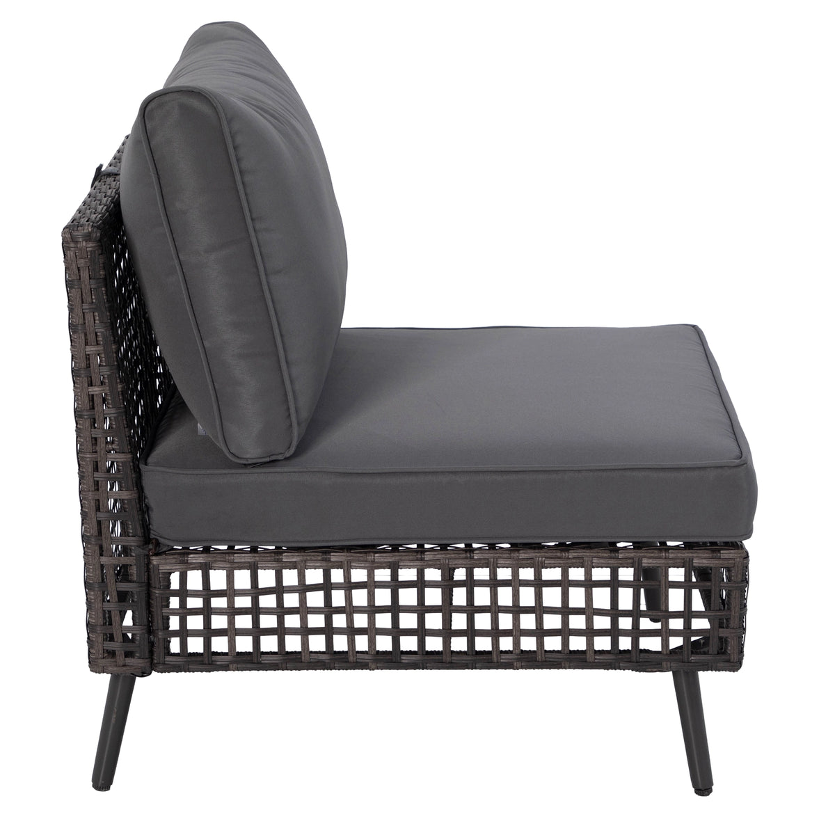 Side profile of grey outdoor modular sofa seat with cushioned backrest