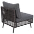 Rear view of armless wicker patio sofa module with grey cushion attachment strap