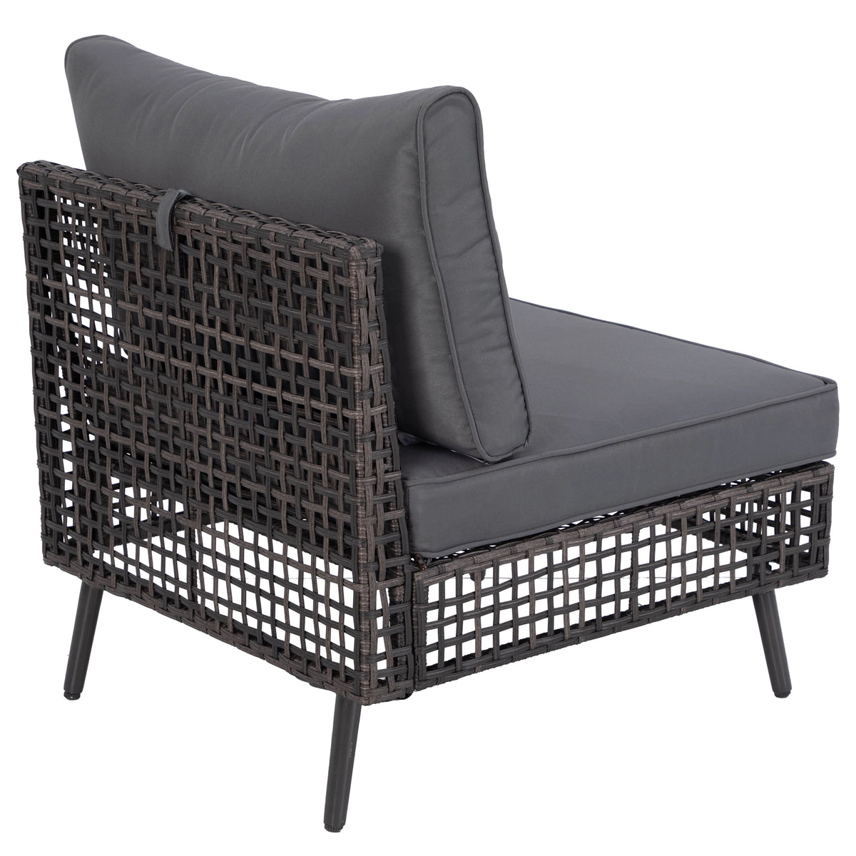 Rear view of armless wicker patio sofa module with grey cushion attachment strap