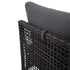 Close-up of hook-and-loop back cushion strap on grey PE rattan sofa