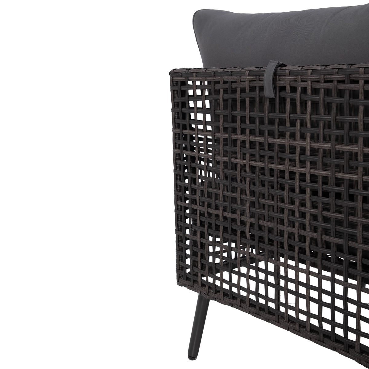 Open-grid grey PE wicker weaving on outdoor sectional sofa backrest