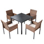 5 piece wicker patio dining set with four cushioned chairs and square table