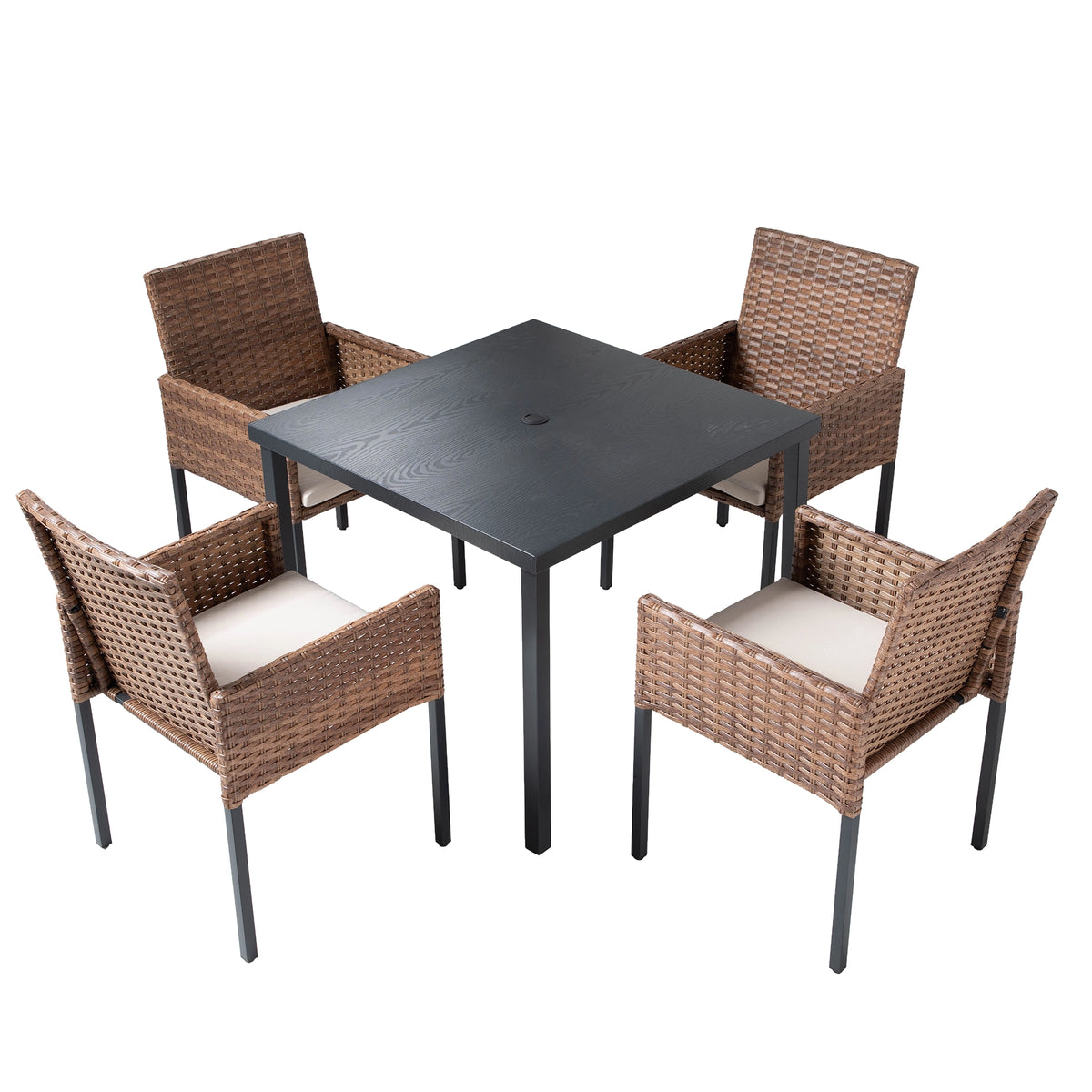 5 piece wicker patio dining set with four cushioned chairs and square table