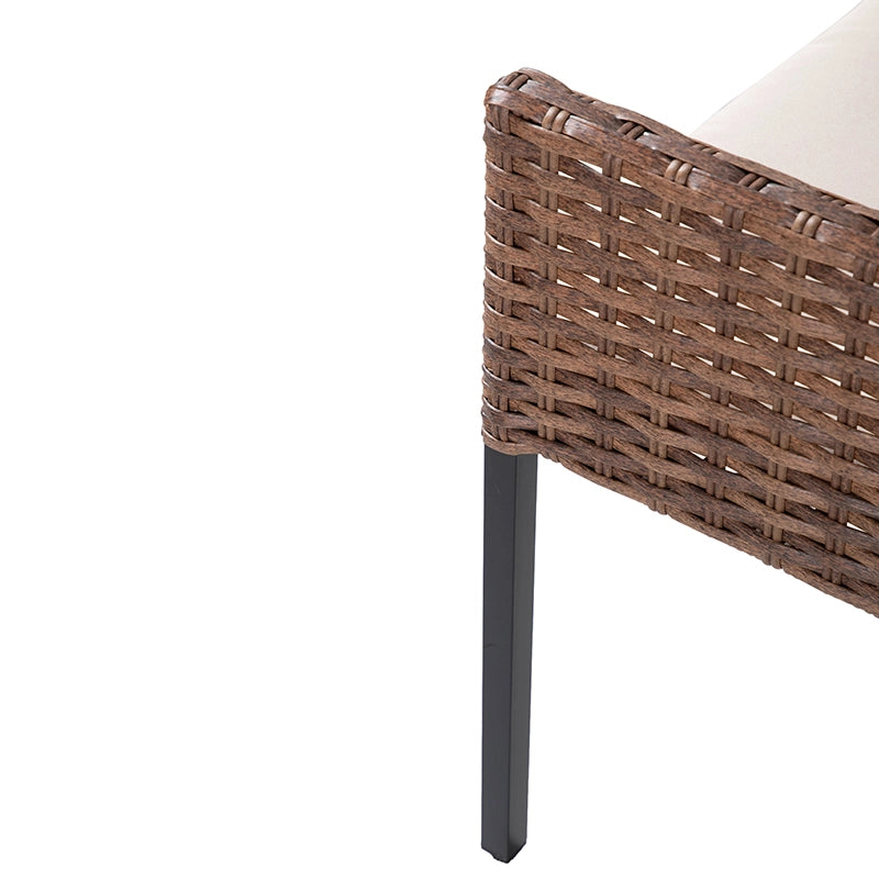 Side detail of gradient brown wicker dining chair backrest