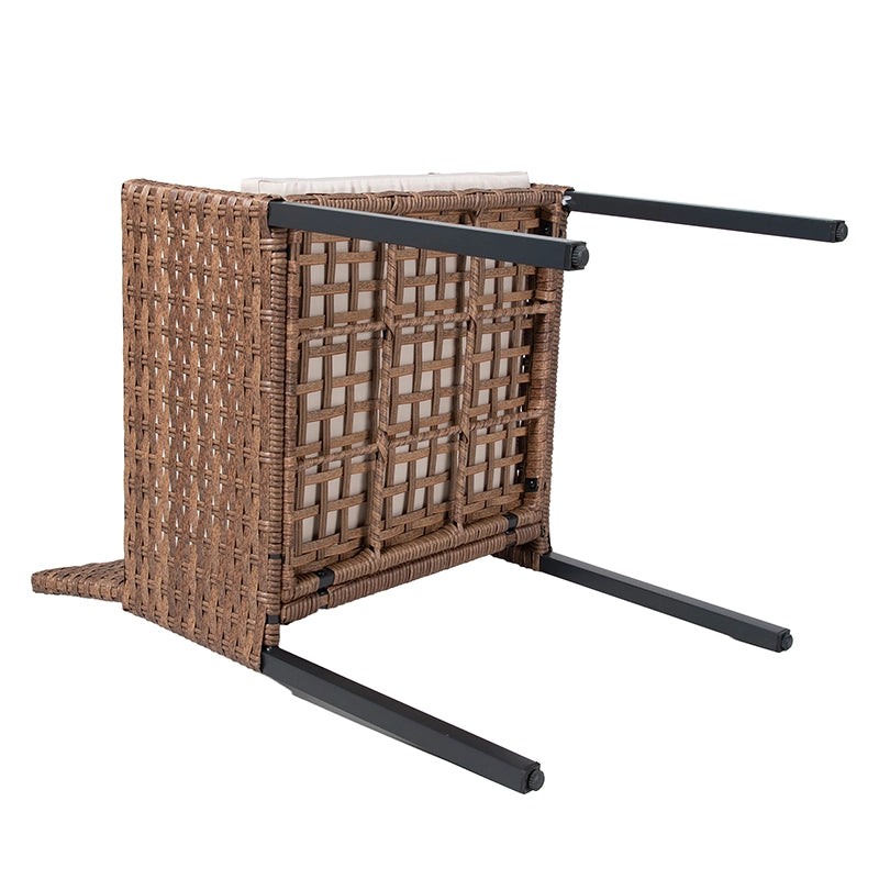 Underside of square patio dining table showing metal frame and legs