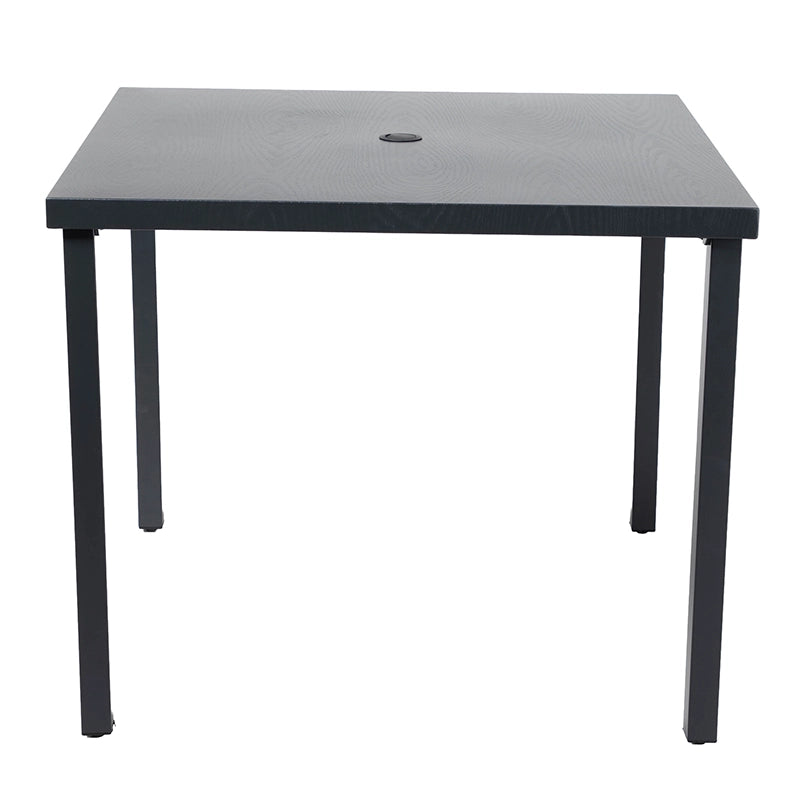 Black square patio dining table with central umbrella hole