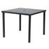 Angled view of square outdoor dining table with black metal legs