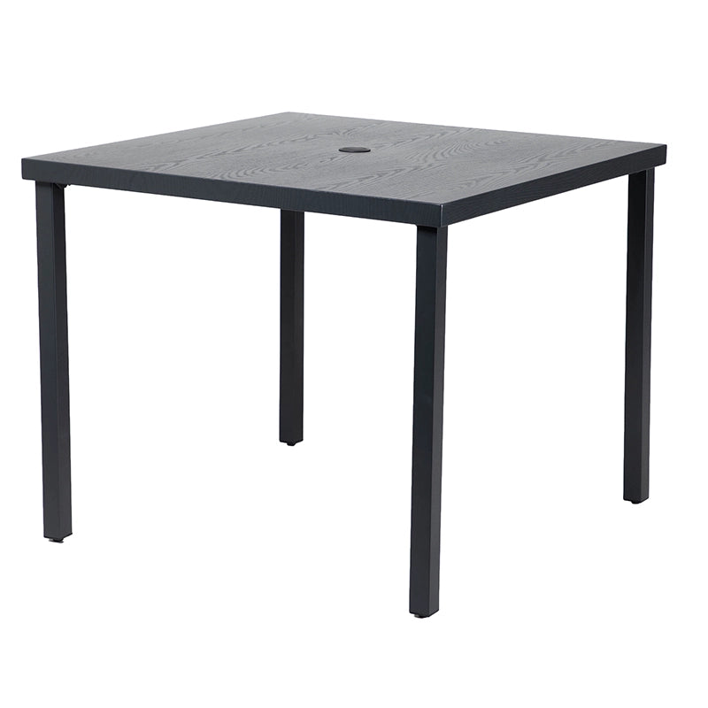 Angled view of square outdoor dining table with black metal legs