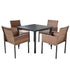 5 piece outdoor rattan dining set with four beige cushioned armchairs