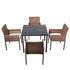 Front view of wicker patio dining table and four matching armchairs