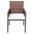 Front view of brown wicker patio dining chair with beige seat cushion